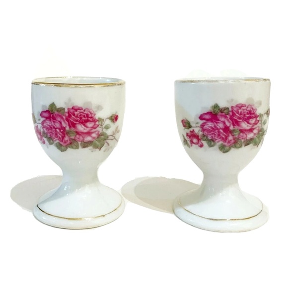Ceramic Porcelain China 950 Pink Flower Teacup Saucer & Egg Holders White Gold - Picture 9 of 16